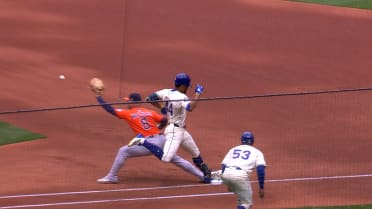 Julio Rodríguez hits an infield single after review