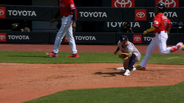 José Ramírez safe at first after challenge