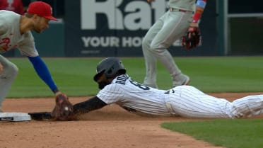 Luis Robert Jr. steals second after review