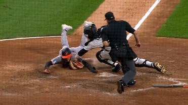 Chase Meidroth throws out Dylan Beavers at home
