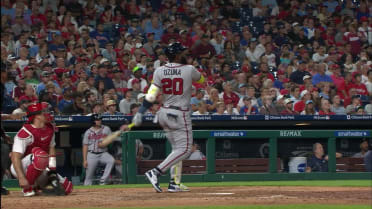 ATLANTA, GA - MAY 11: Marcell Ozuna #20 of the Atlanta Braves takes a  virtual selfie after hitting a home run during the Tuesday night MLB game  between the Toronto Blue Jays