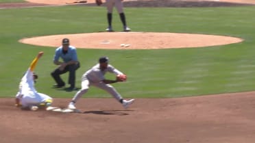 Shea Langeliers safe at second after review