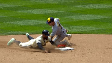 Byron Buxton steals second after review