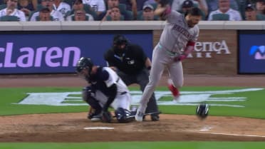 Eugenio Suárez leaves after being hit by a pitch