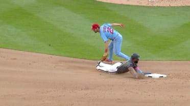 Starling Marte steals second after review