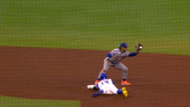 Ronald Acuña Jr. safe at second after a review