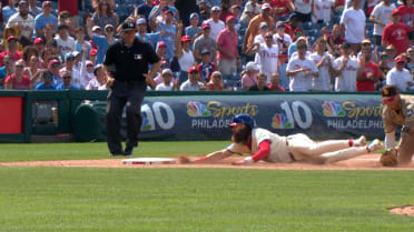 Brandon Marsh safe at third base after review