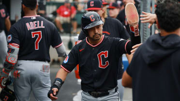 Steven Kwan scores on a double play