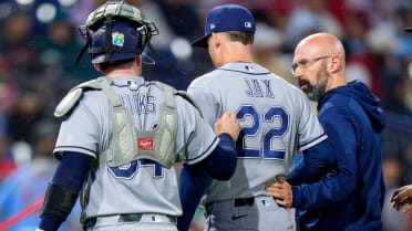 Griffin Jax exits after taking line drive off back