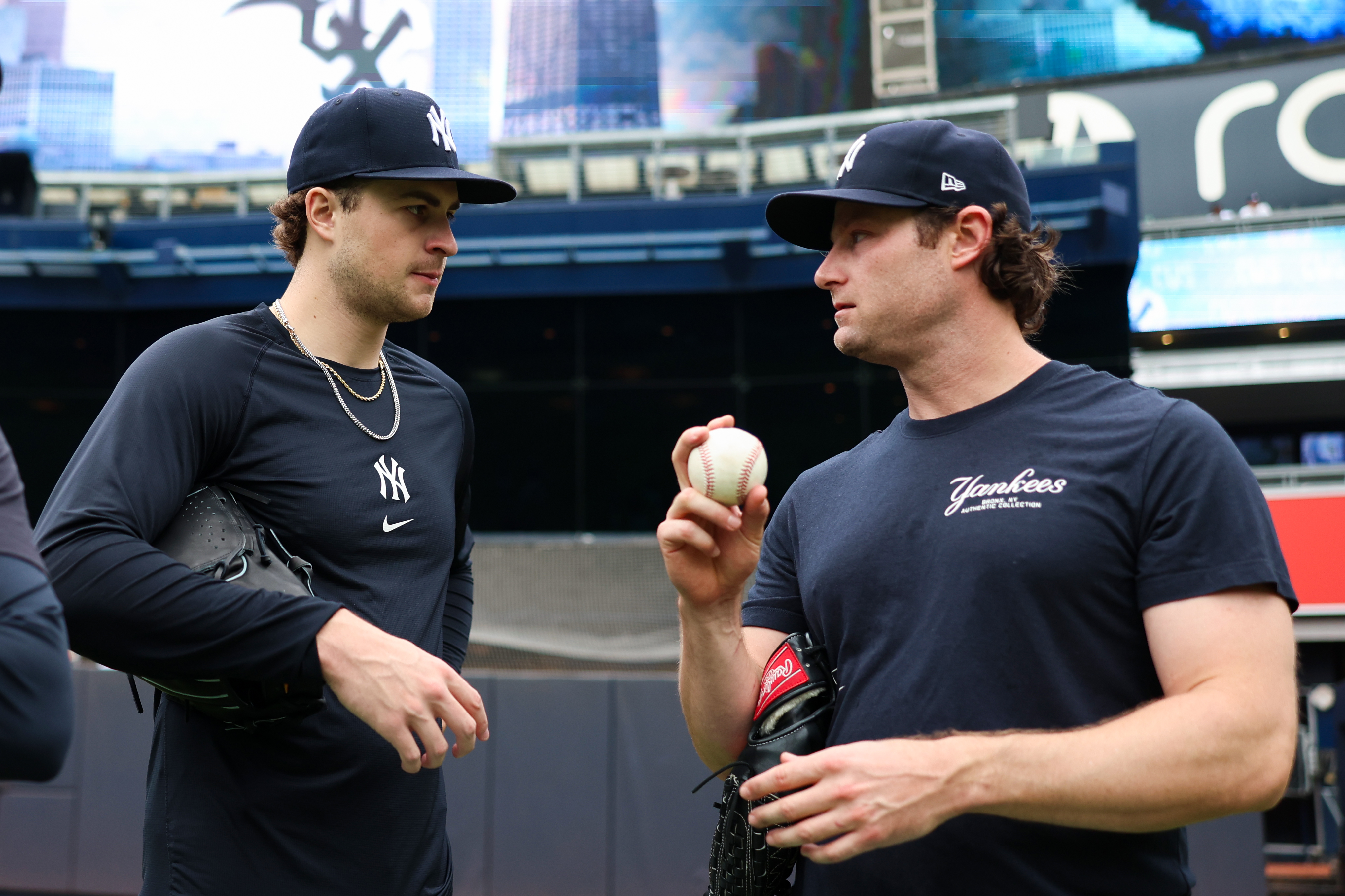 Yankees fans missed Cole during the 569 days between his final start of the 2024 World Series and his return from Tommy John surgery in May, but even when he couldn’t take the mound, the ace made an impact. A pitching savant, Cole dedicated himself to working with the young arms in the rotation, offering priceless counsel to the likes of Schlittler (L). (Photo Credit: New York Yankees)
