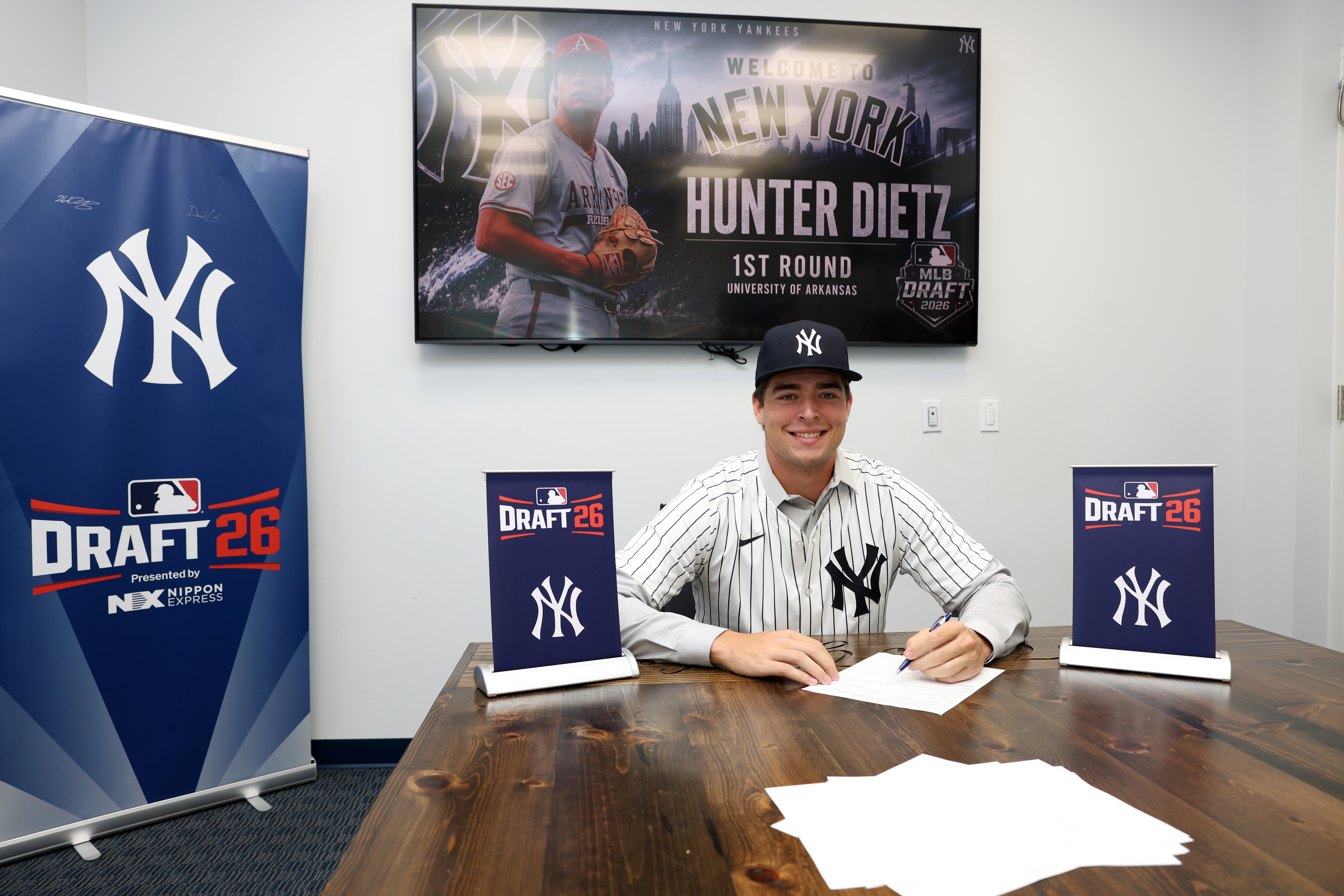 Among the top left-handed college pitchers in the country, Dietz said he was eager to put the Draft behind him and get to work. Having played high school ball in Clearwater, Fla., the 21-year-old was looking forward to reporting to nearby Tampa, Fla., to begin his professional career. “I’m here wanting to get better,” he said, “and I’m looking forward to the chance to hopefully down the line help the Yankees win.” (Photo Credit: New York Yankees)