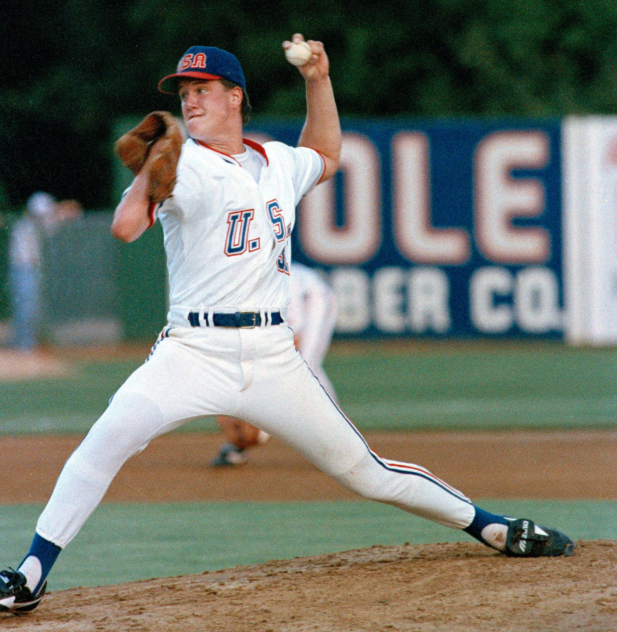 Jim Abbott pitching for Team USA during the 1988 Olympics (AP Images)