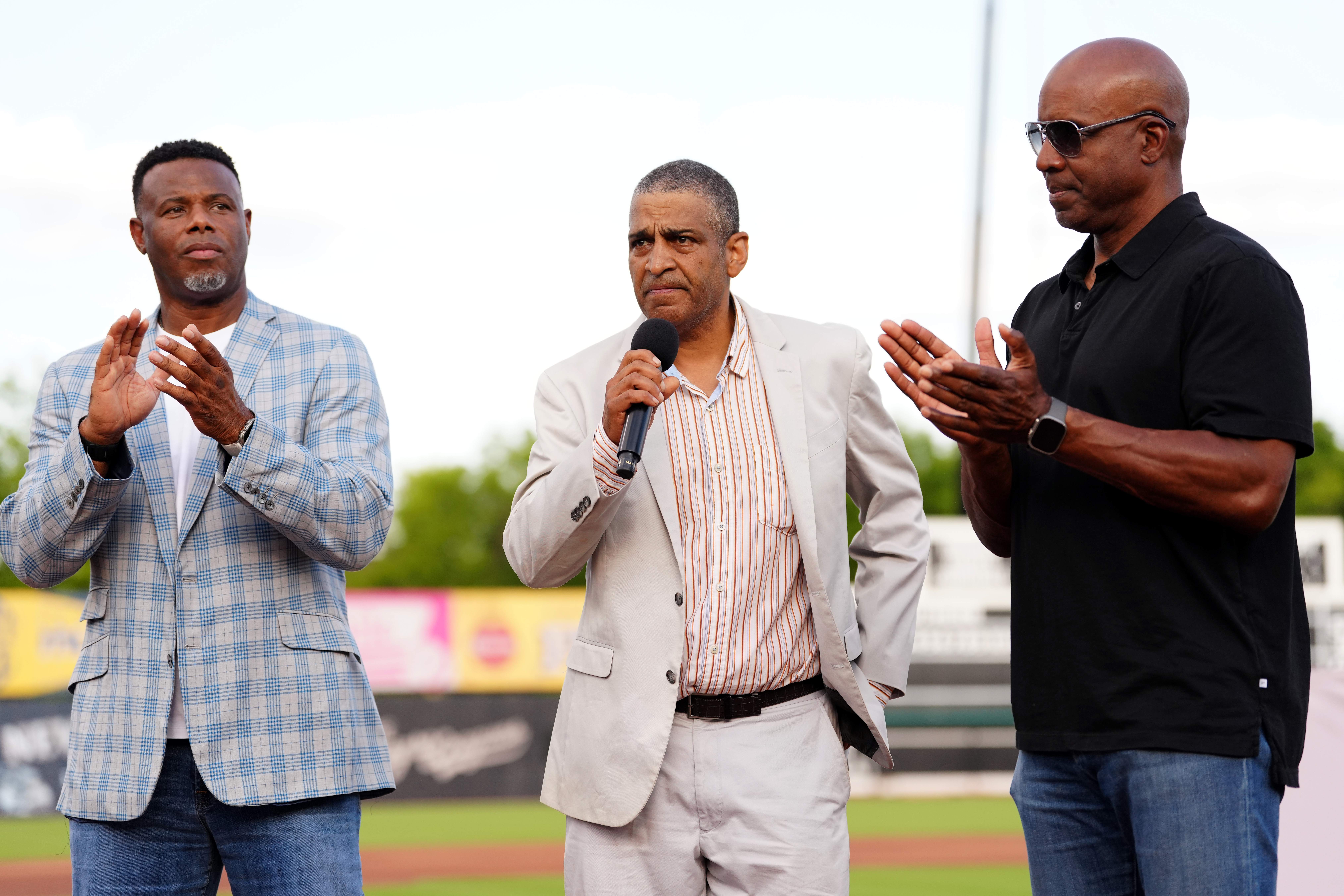 Ken Griffey Jr., Michael Mays and Barry Bonds at Rickwood Field in 2024. (Getty Images)