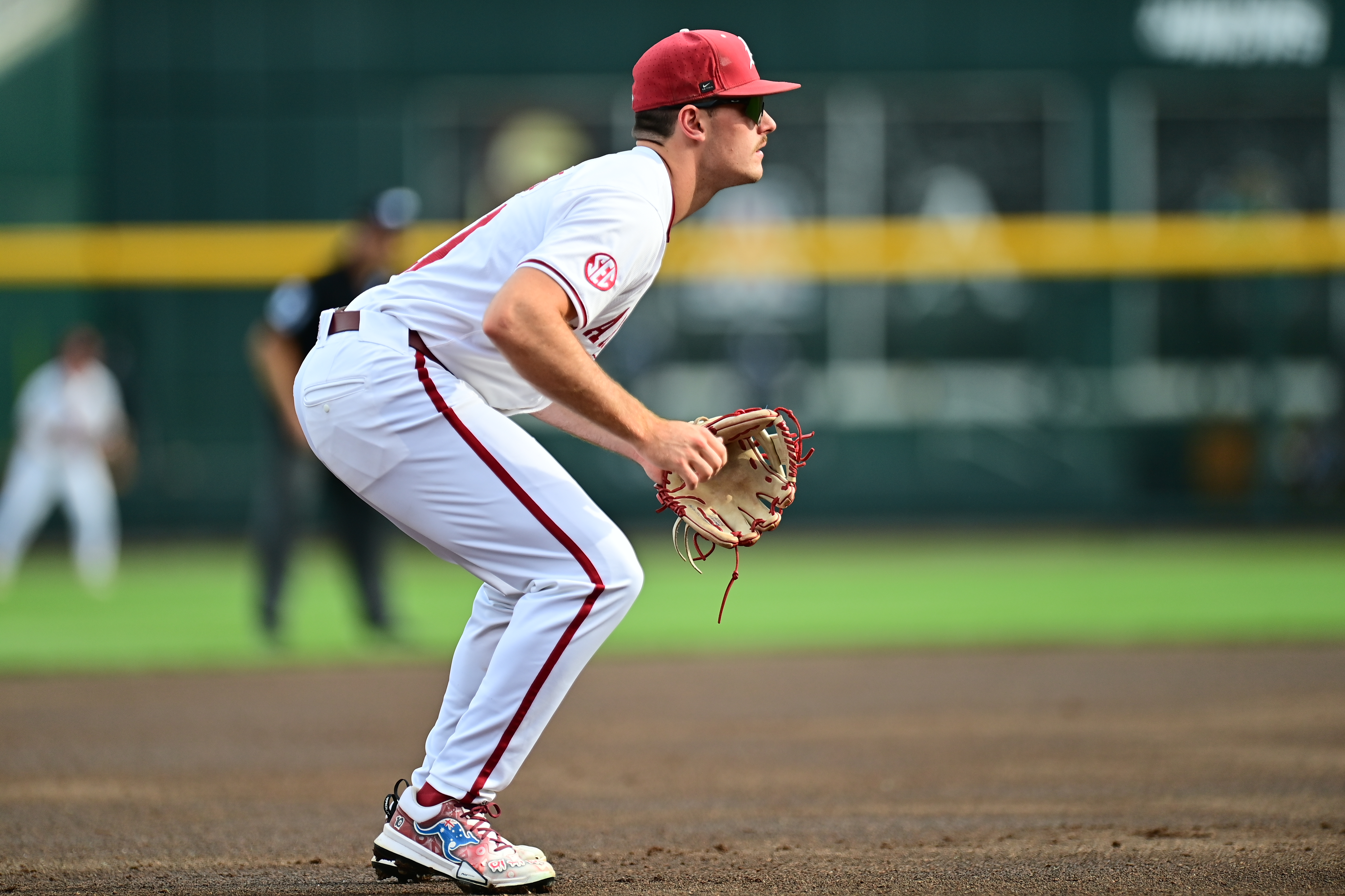 Brent Iredale crouches in anticipation. Photo courtesy Arkansas Athletics.