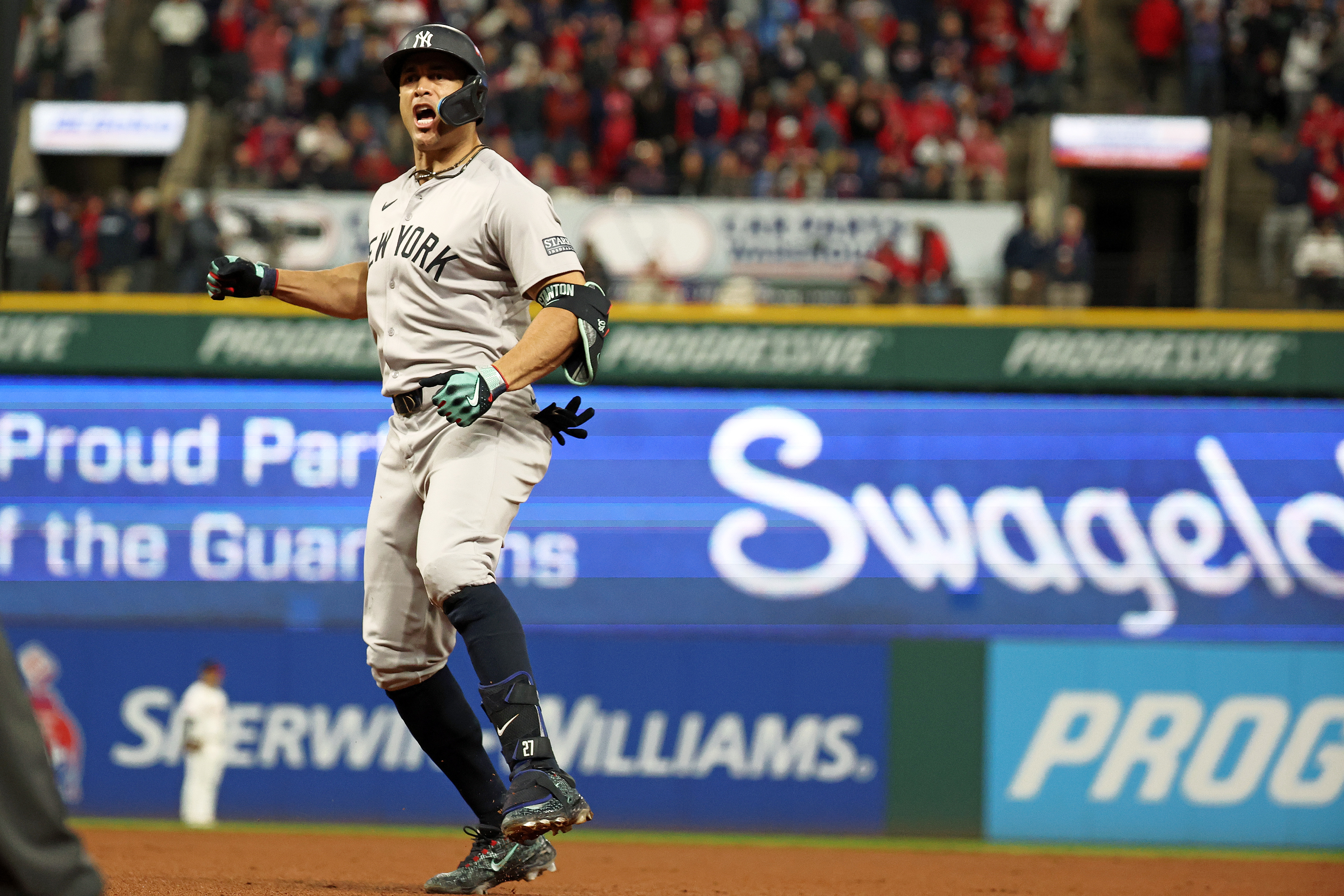 Stanton mashed seven home runs during the 2024 postseason, including one in each game in Cleveland during the ALCS. The slugger’s remarkable feel for the moment helped propel the Yankees to the World Series for the first time since he joined the club. “In the postseason, I feel like the energy shifts that come from a home run late in a game are enormous,” Stanton says. (Photo Credit: New York Yankees)