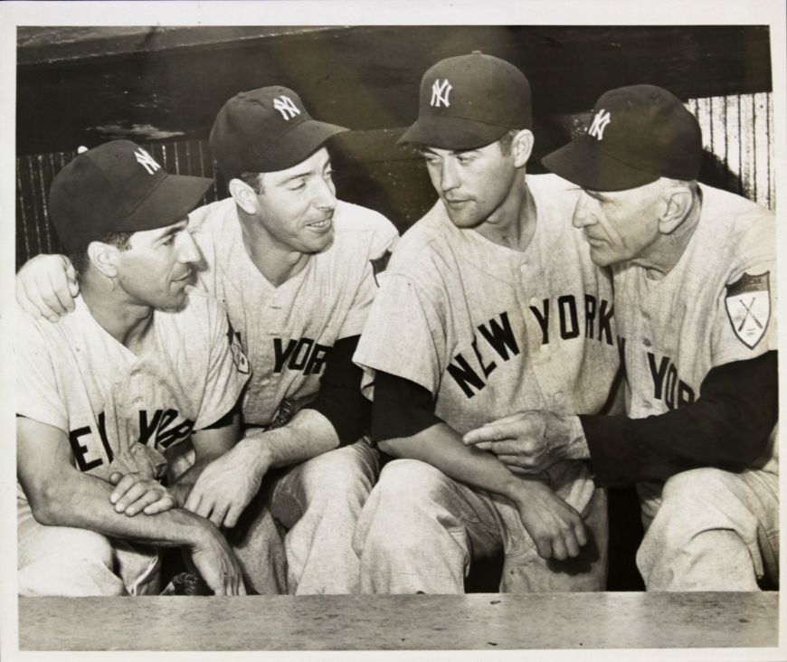 Phil Rizzuto, Joe DiMaggio, Art Schallock and manager Casey Stengel in 1951.