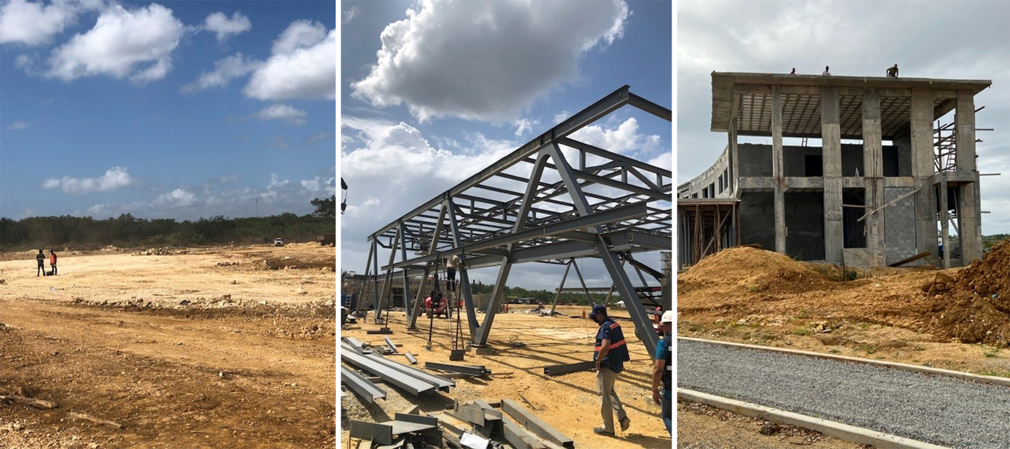 Left: The plot of land had to be re-cleared before construction could begin. Middle: The start of construction of the covered batting cages, part of Phase 1 of the project. Right: The dormitory building was part of Phase 2. (Courtesy of Gord Ash)