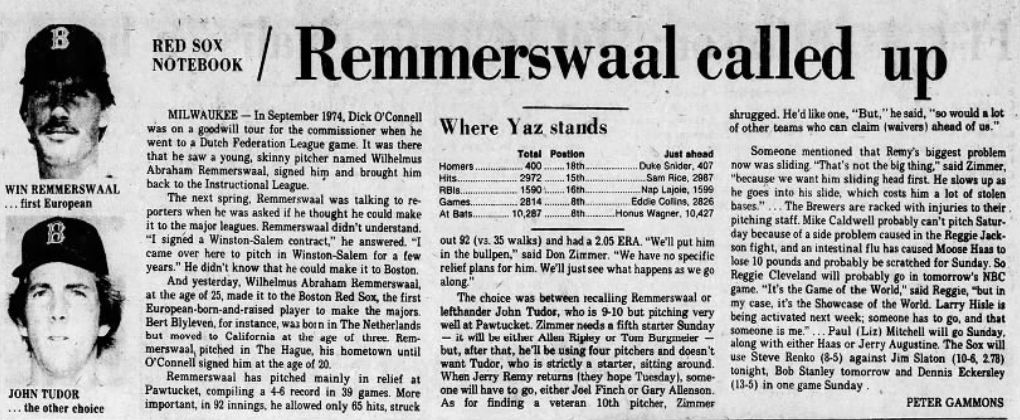 Remmerswaal's callup is announced in the sports pages of The Boston Globe. (Photo via newspapers.com)