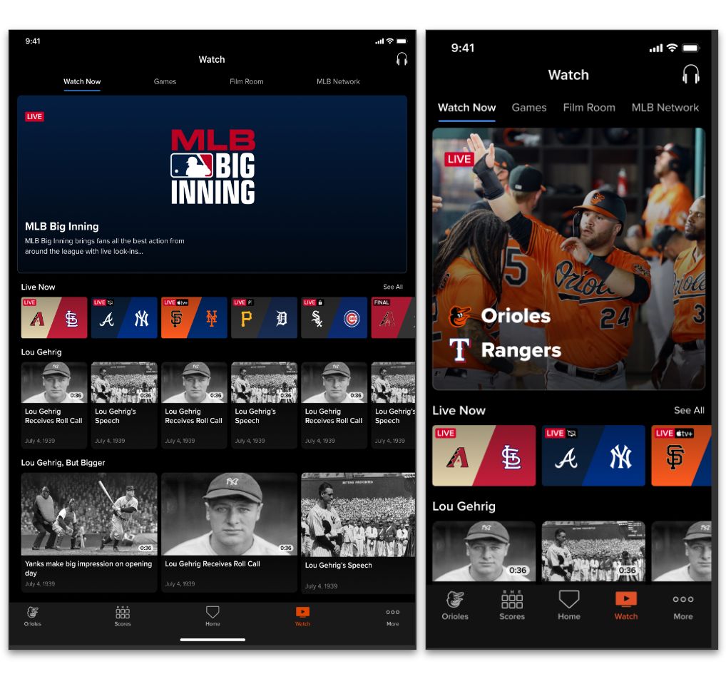 The redesigned Watch tab in the MLB app
