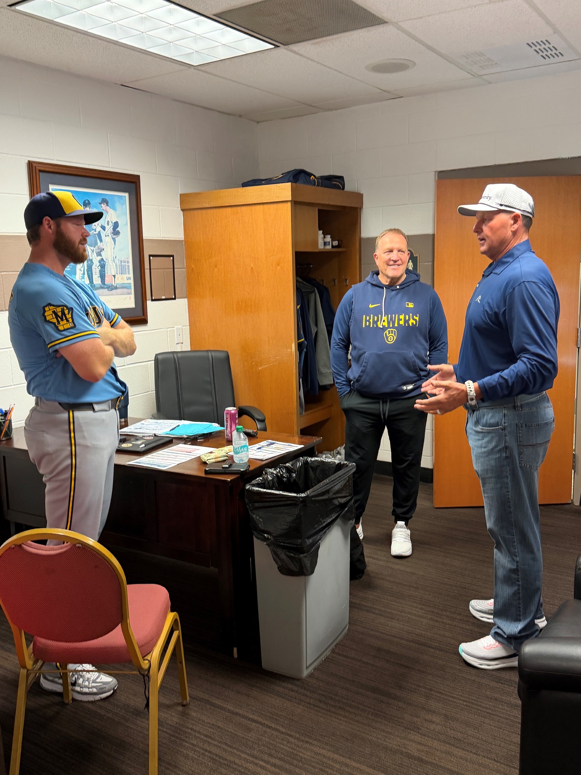 Brandon Woodruff (left) talks pitching with Roger Clemens. (photo via Woodruff)
