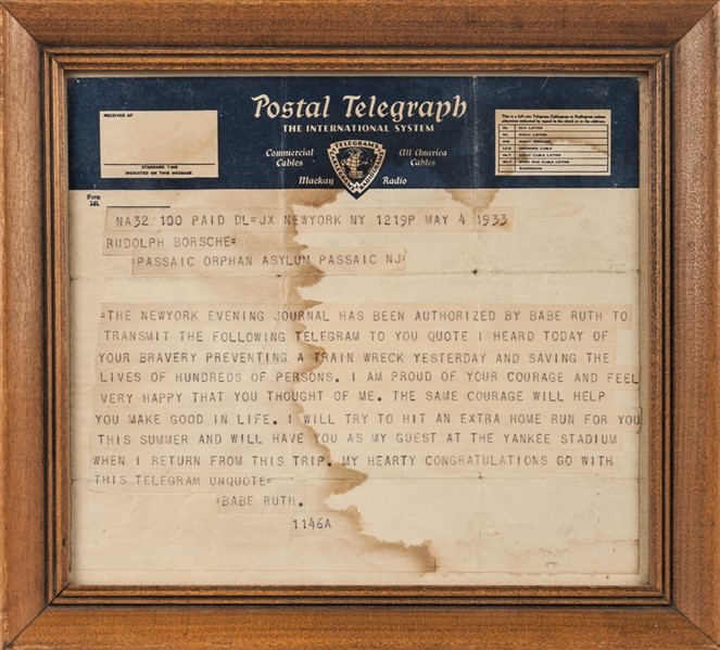 The telegram Babe Ruth sent to Rudolph Borshe the day after he helped stop the train.