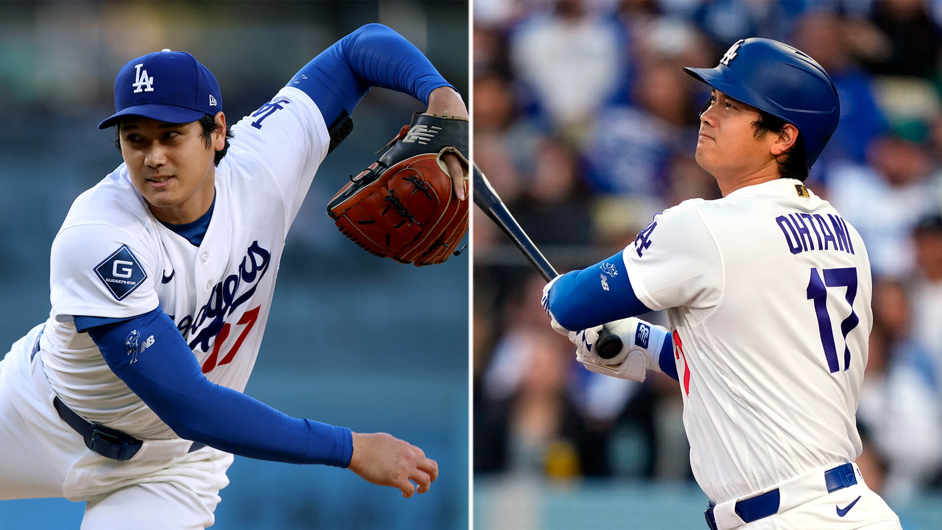 Shohei Ohtani lanzando y bateando con Los Angeles Dodgers.