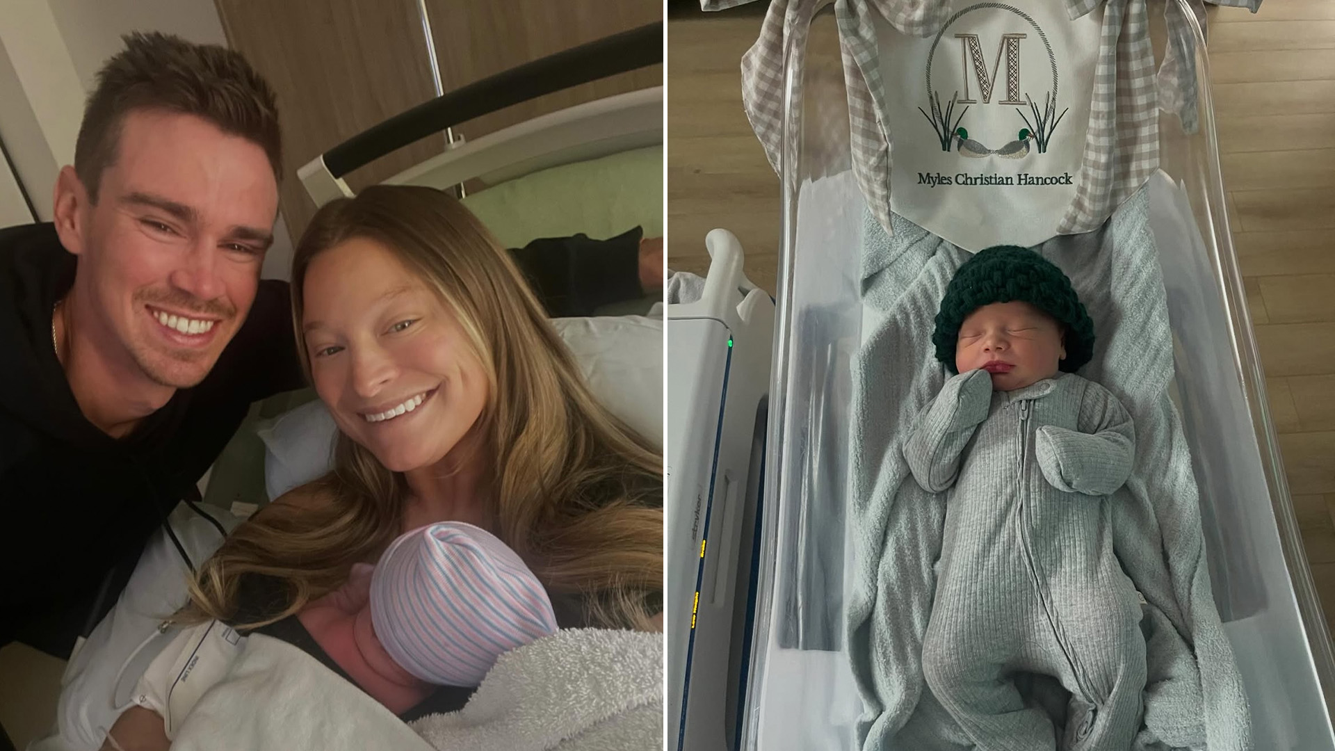 Emerson Hancock and his wife, Haylie, with their first child, Myles.