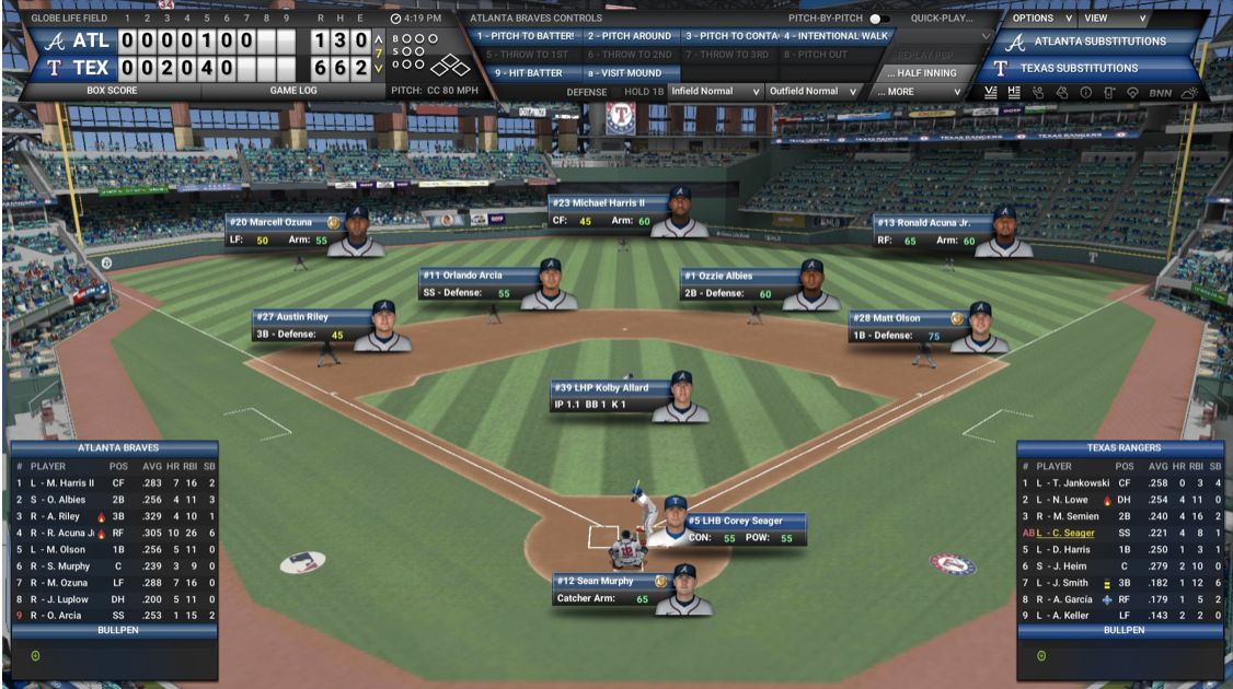 A Braves-Rangers game simulated by OOTP