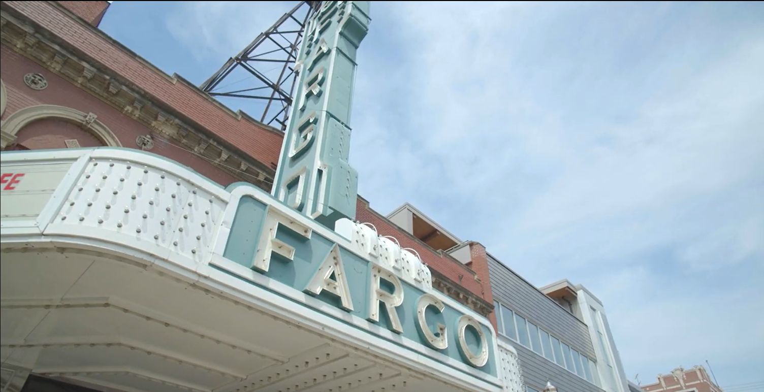 A theater marquee in downtown Fargo, North Dakota