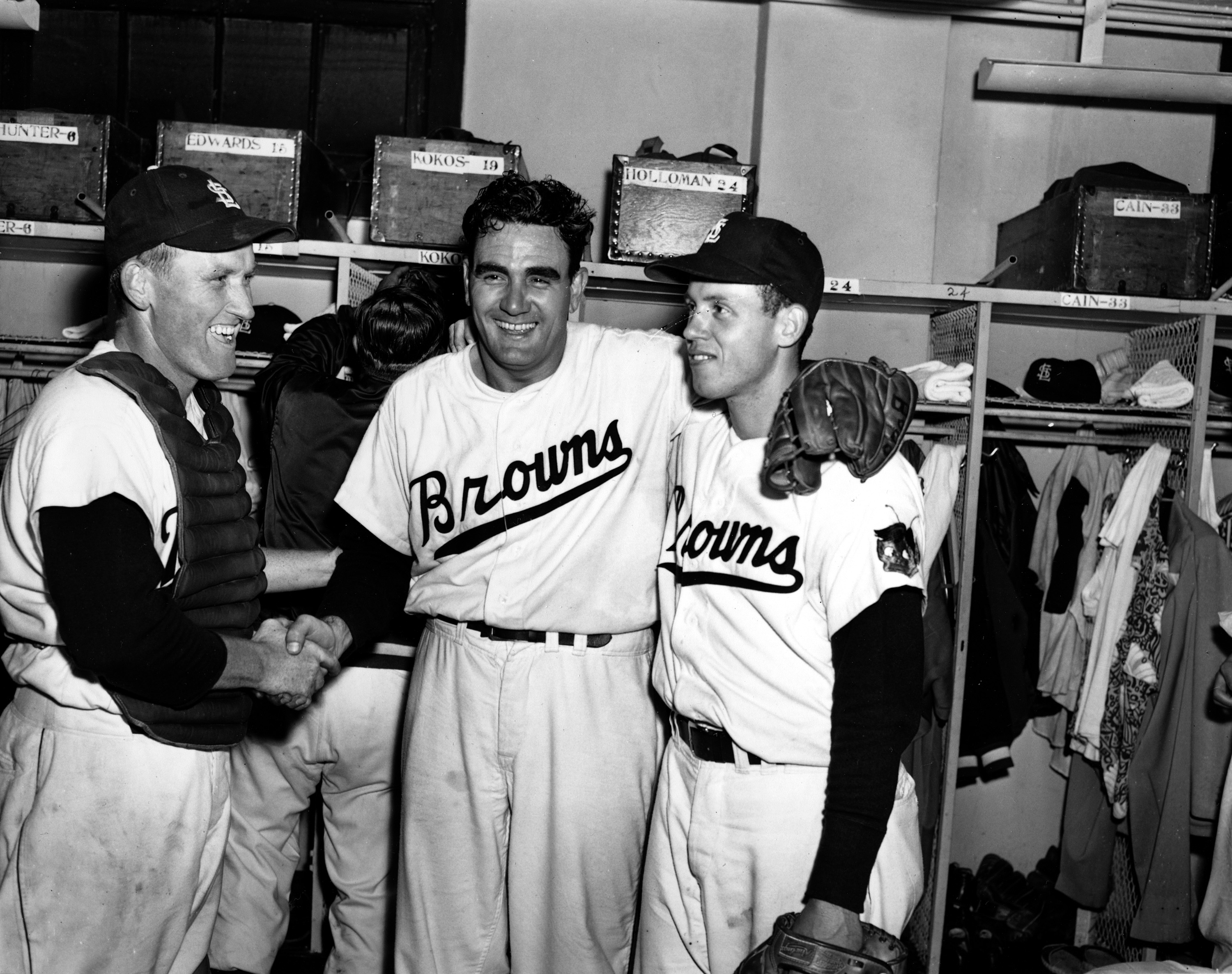 Browns right-hander Bobo Holloman celebrates his May 6, 1953, no-hitter with catcher Less Moss (left) and shortstop Bill Hunter.