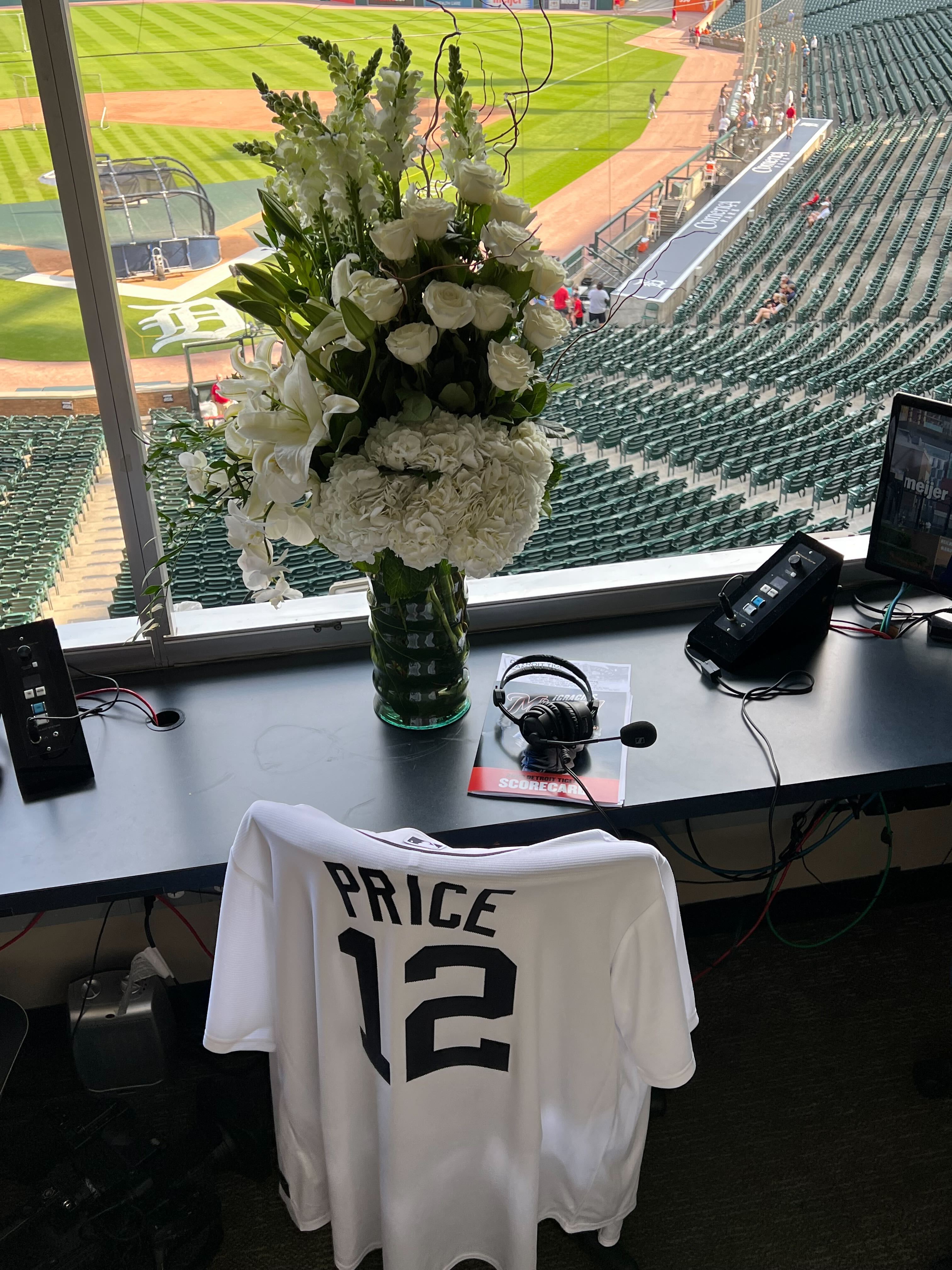 Jim Price's seat in the radio booth at Comerica Park on Tuesday.