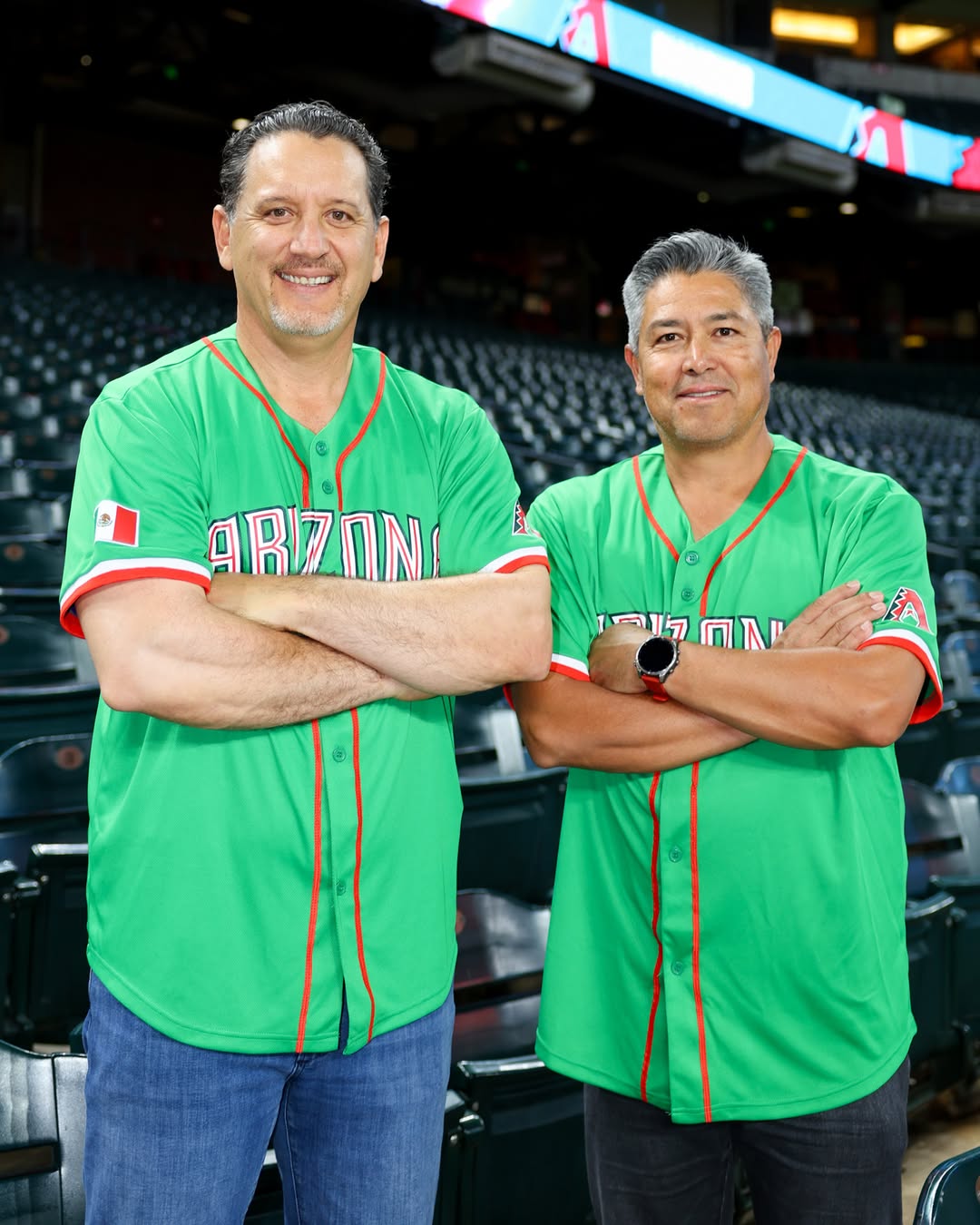 Erubiel Durazo and Rodrigo López pose together in Mexico-inspired jerseys. Photo by D-backs.
