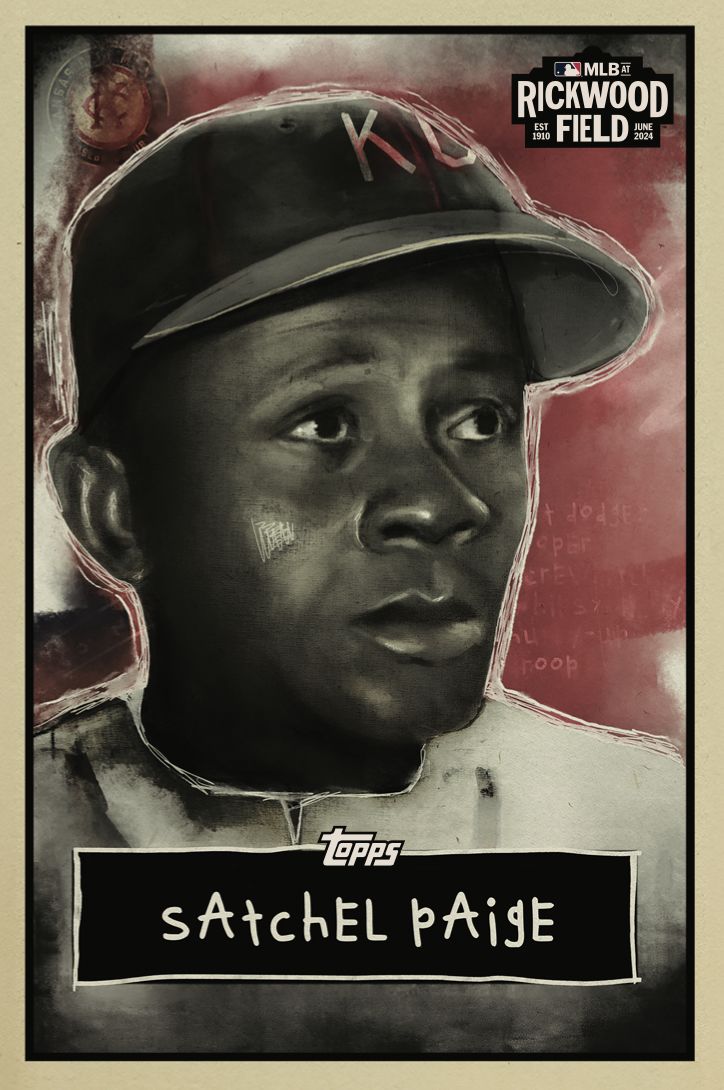 The special Satchel Paige Negro Leagues card designed by Micah Johnson for the MLB at Rickwood Field game on June 20, 2024