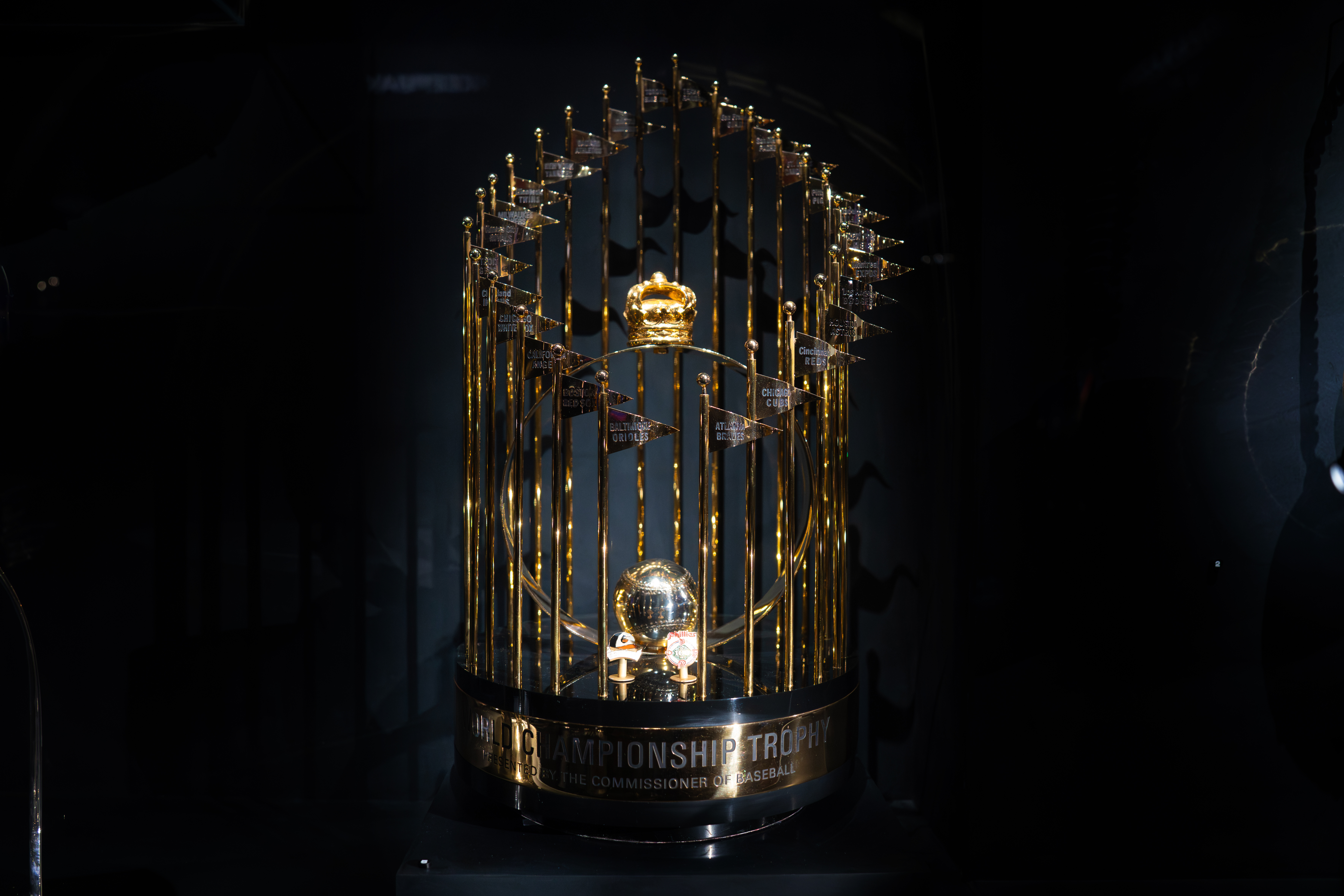 World Series trophy on display in "For the Win: Objects of Sports Excellence."