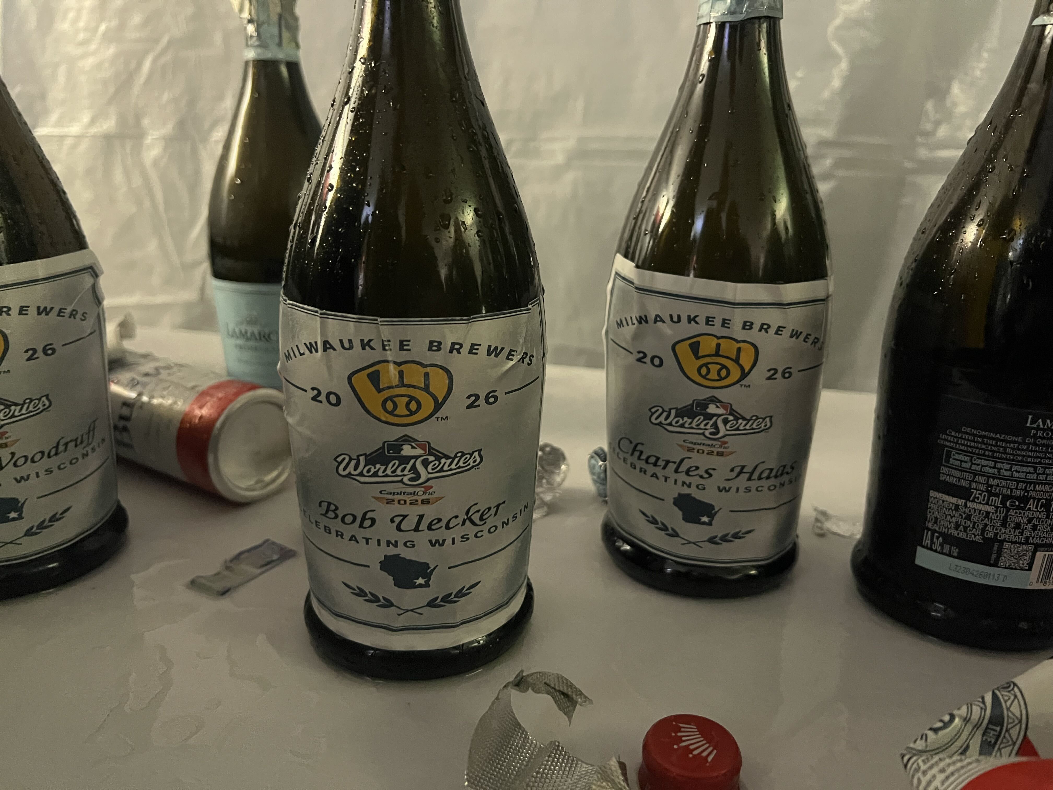 A bottle of bubbly dedicated to Brewers radio legend Bob Uecker. (photo via Adam McCalvy)