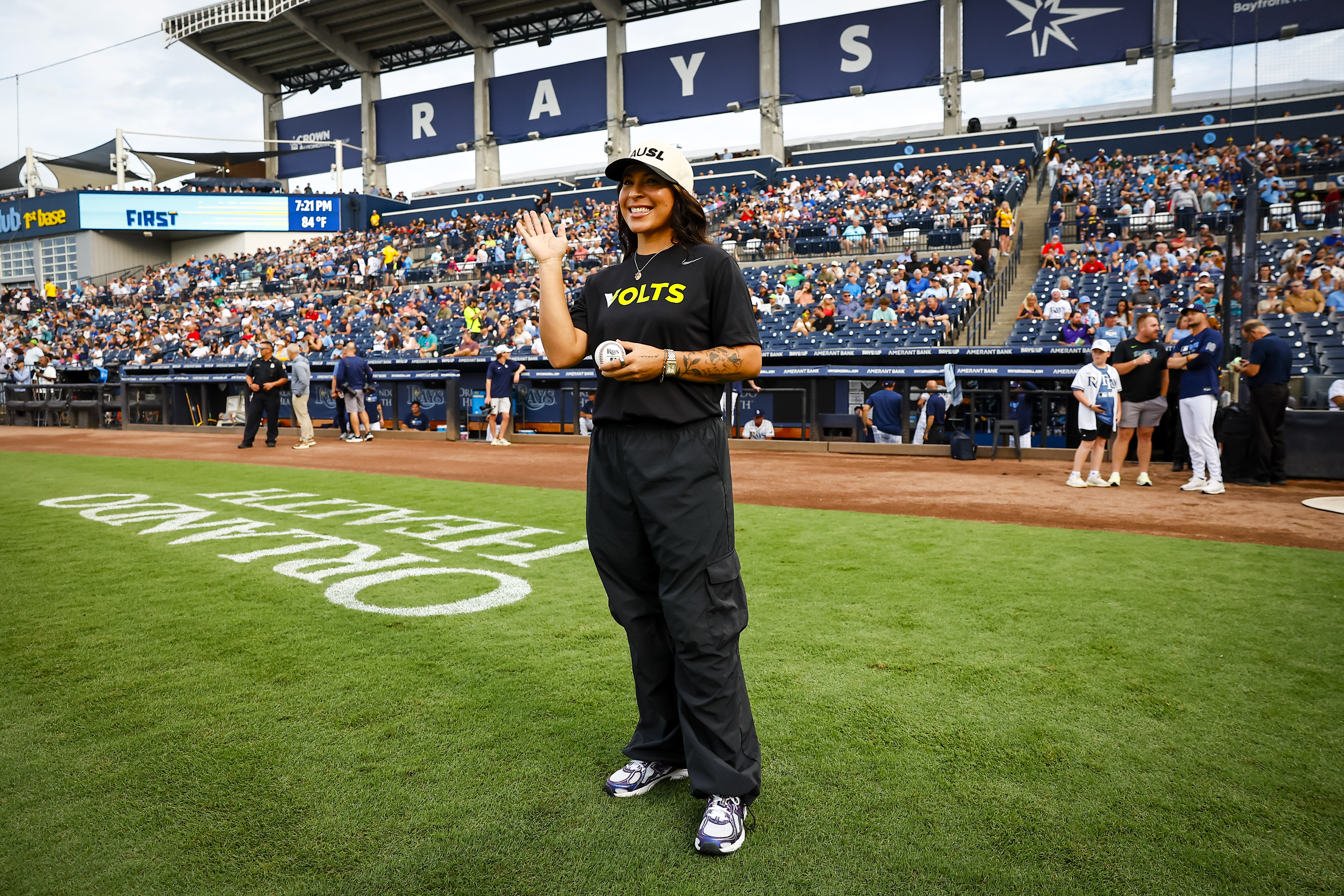 Sierra Romero waited to throw her first pitch ahead of the Athletics-Rays game on Monday.