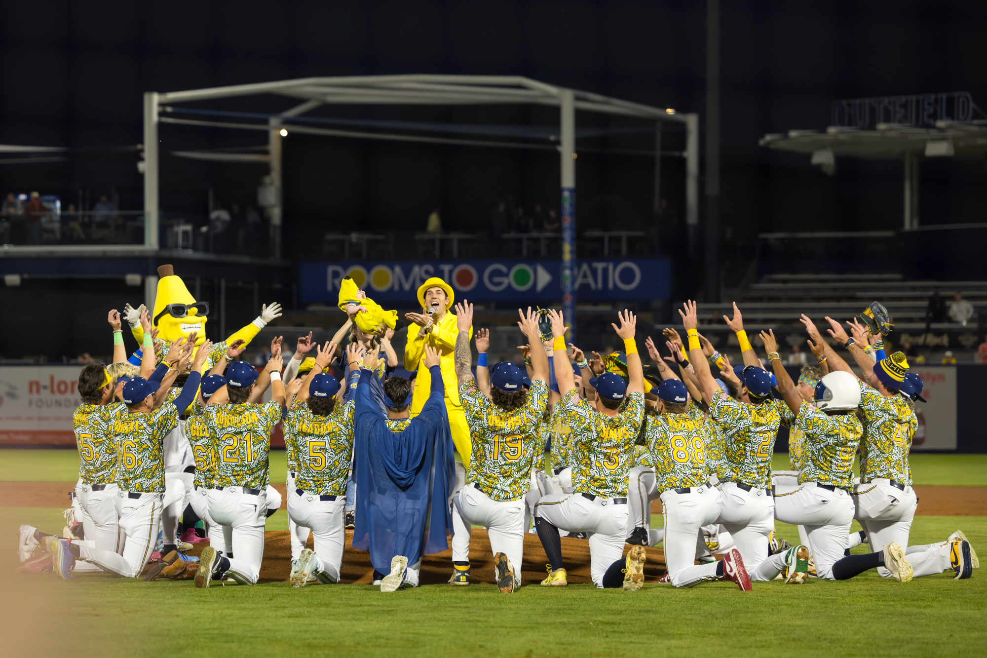 Banana Ball is a nonstop party, at times resembling a baseball game, other times decidedly not. Featuring costumed pitchers, players on stilts and everything in between, yellow-tuxedoed team owner Jesse Cole’s “Fans First” mentality demands a willingness to try everything at least once. (Photo Credit: New York Yankees)