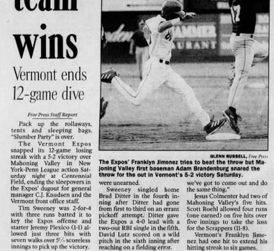 The Burlington Free Press report from the day the Expos' losing streak came to an end.