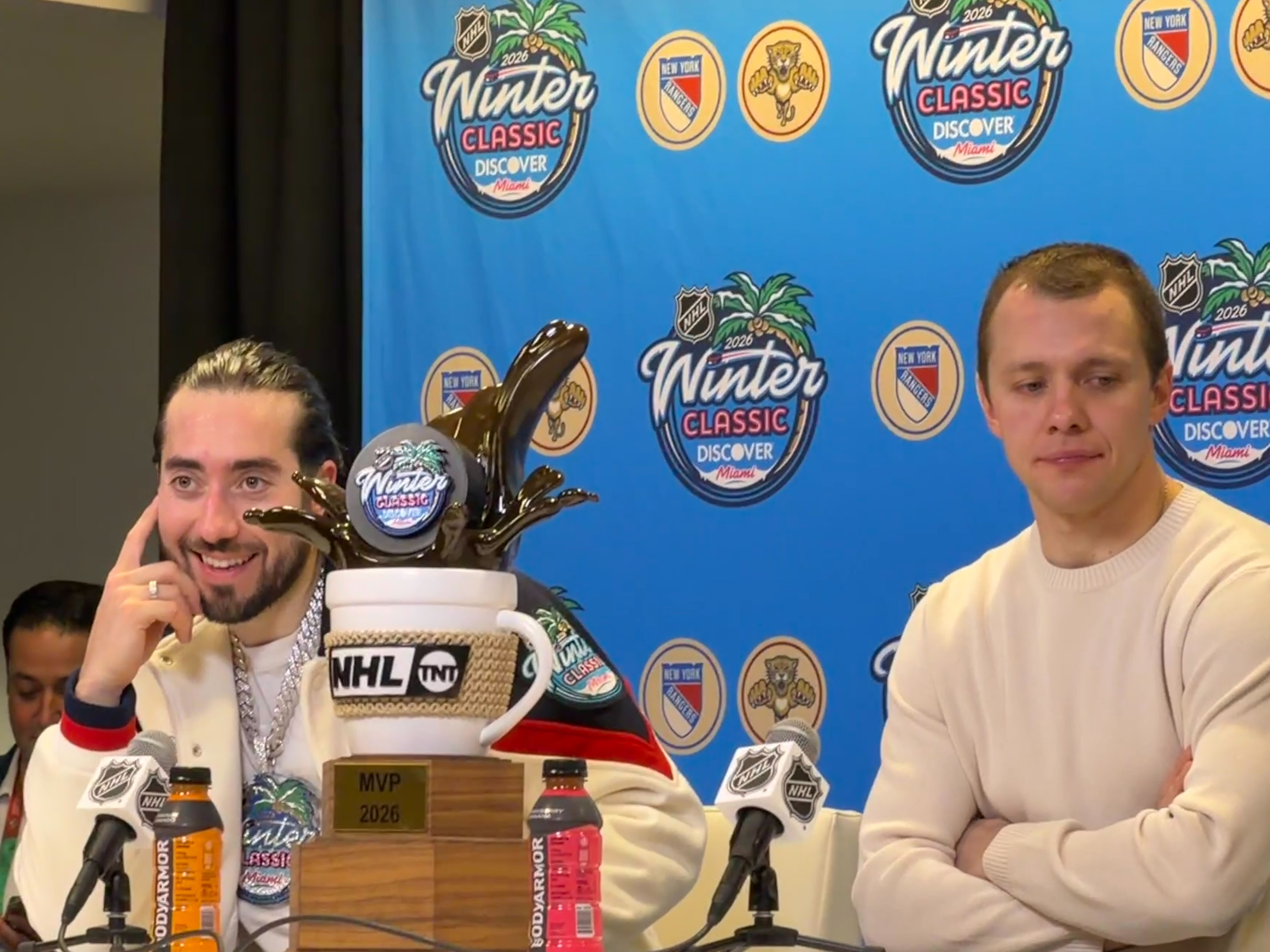 Rangers players Mika Zibanejad (left) and Artemi Panarin