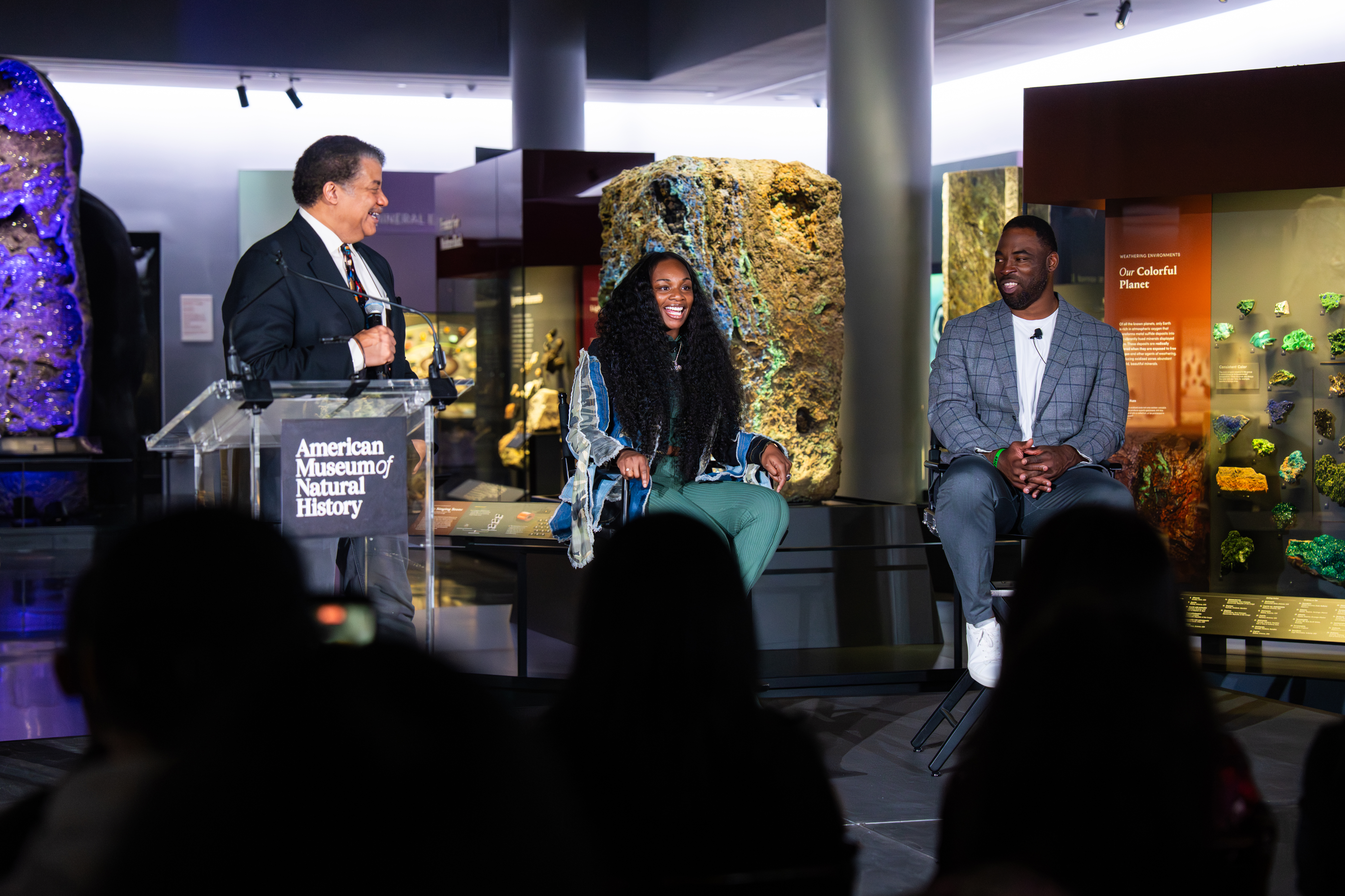 (From left to right) Neil deGrasse Tyson, Claressa Shields and Justin Tuck speak at the media preview of "For the Win."