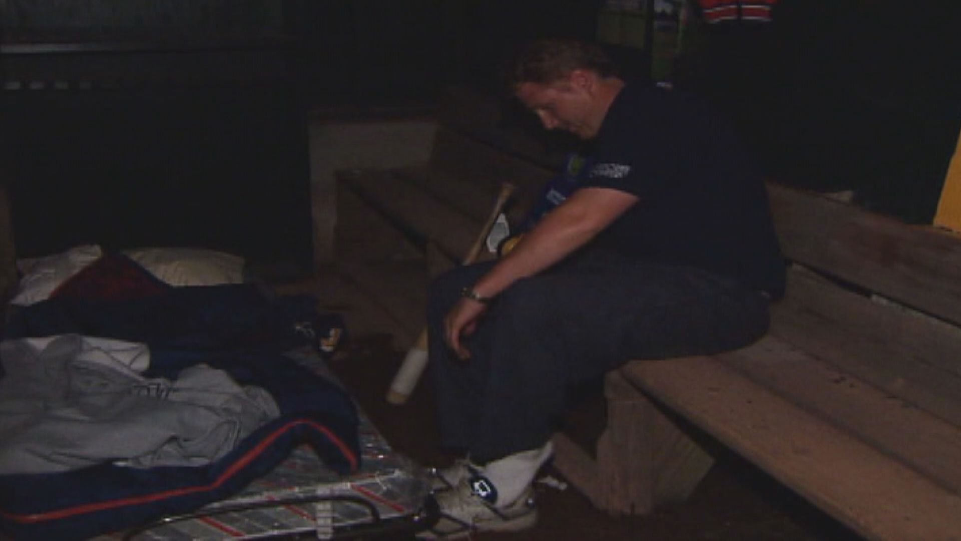 C.J. Knudsen readies his bed in the dugout (Courtesy C.J. Knudsen)