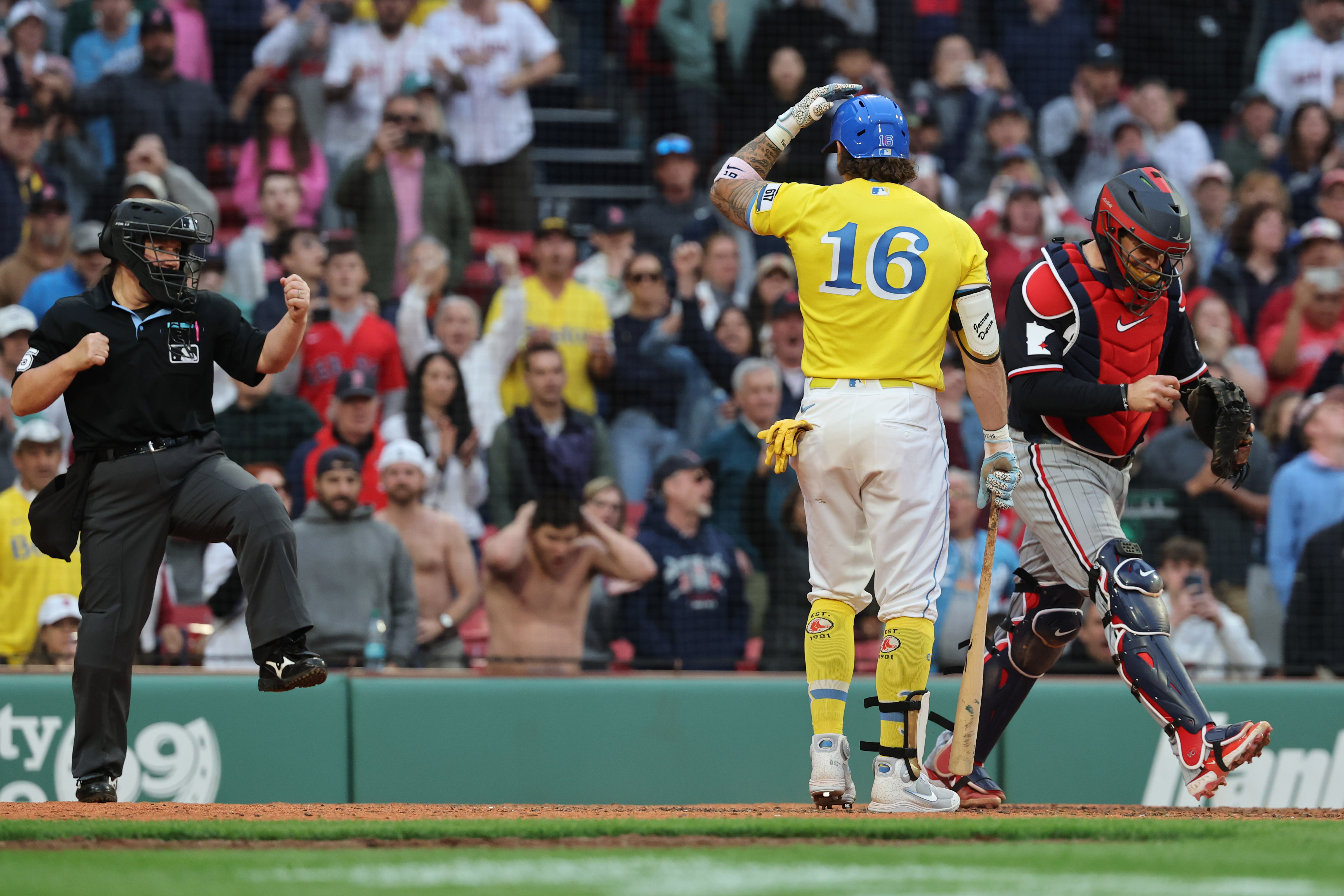 Umpire Jen Pawol making a call in a big league game in May of 2026 (Getty Images)