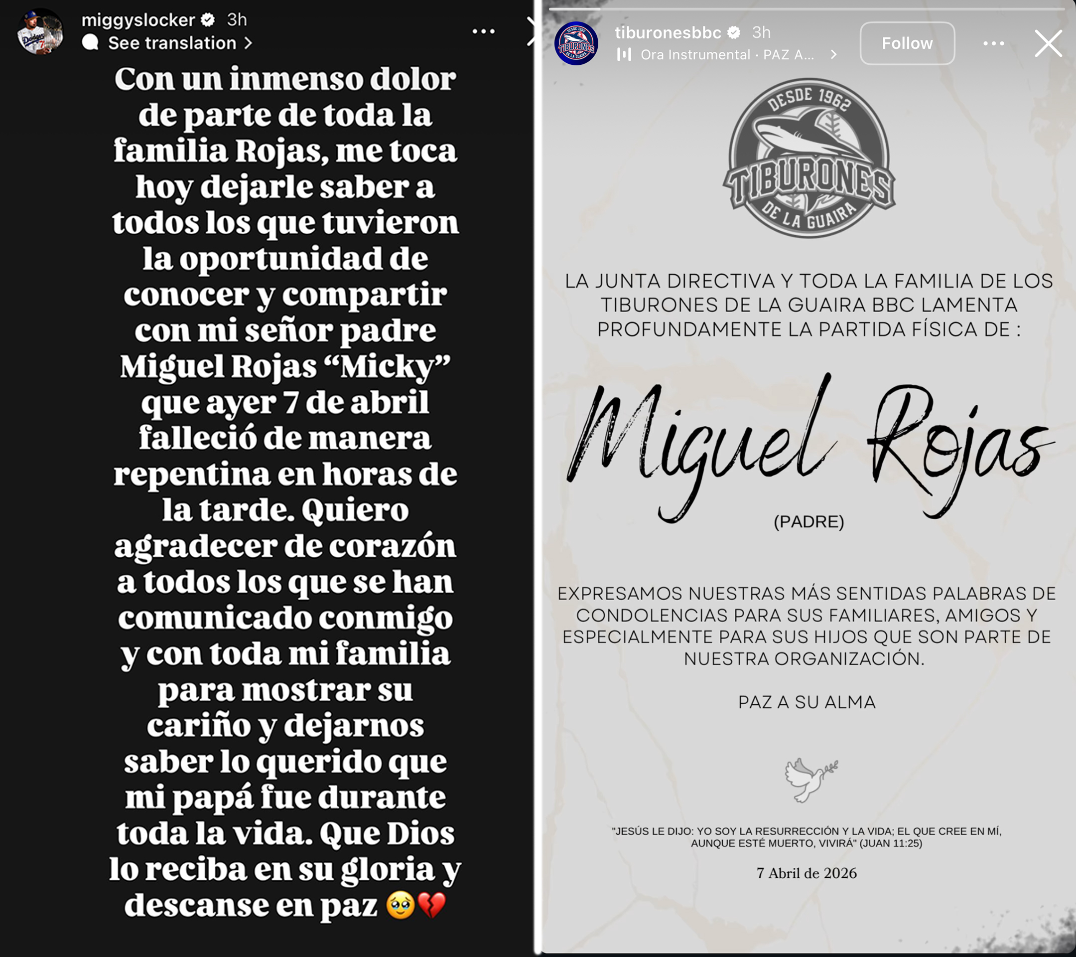 Screenshots from Miguel Rojas and Los Tiburones de La Guaira's Instagram stories