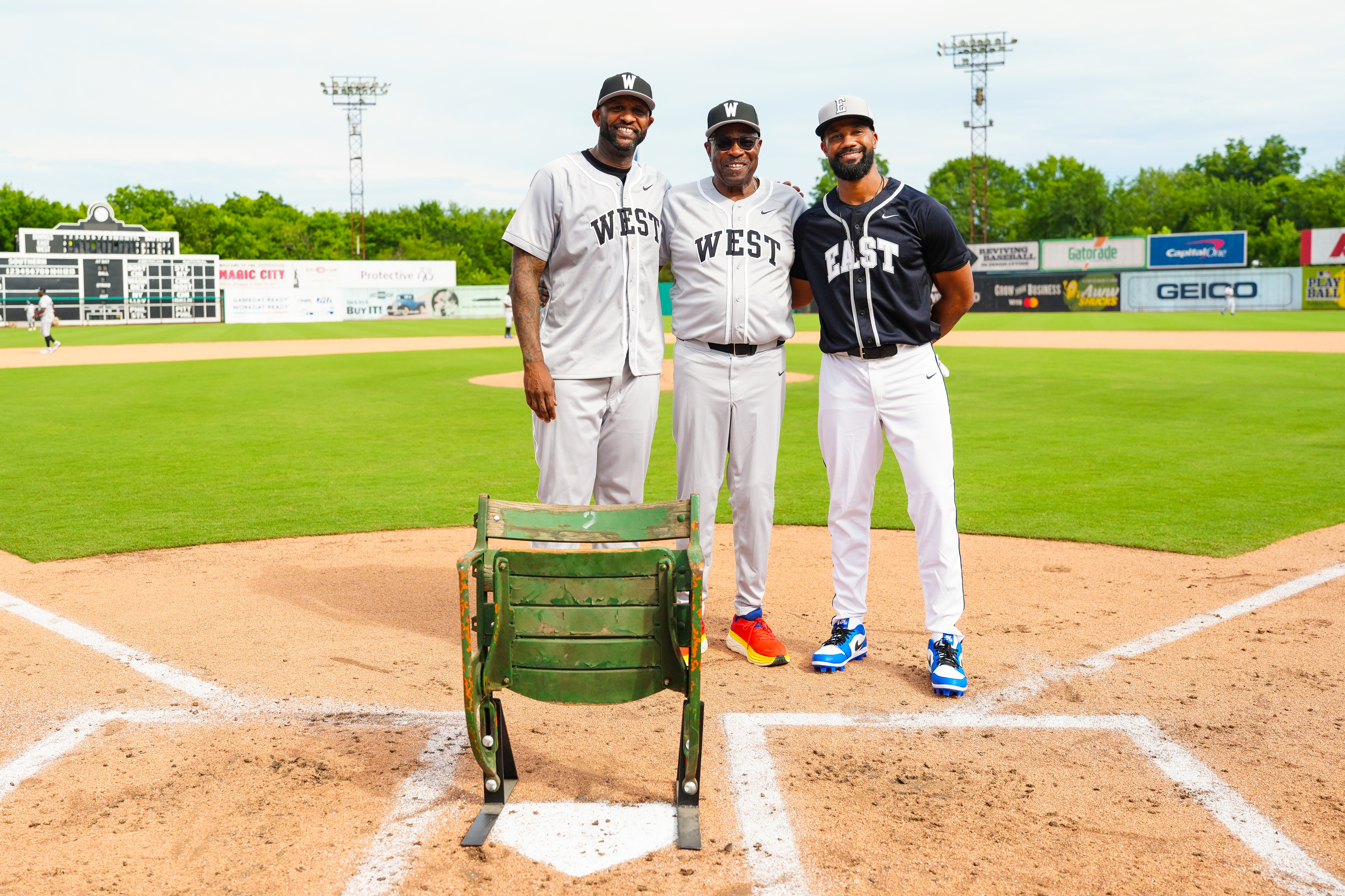 Sabathia (left) will receive baseball’s highest honor this month, and he was the center of attention at Rickwood Field in June. A Cy Young Award winner and one of the most beloved players of his generation, the big lefty was honored by Dusty Baker (center) and Chris Young and presented with a stadium chair that had previously resided in the Polo Grounds and at Rickwood Field. (Photo Credit: MLB Photos via Getty Images)