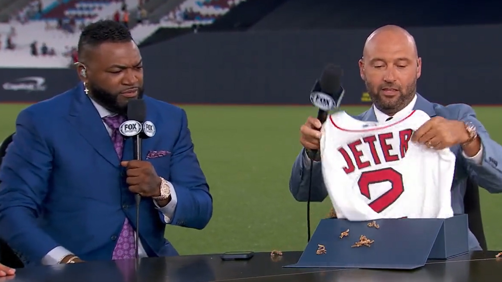 An image of Hall of Famers David Ortiz and Derek Jeter