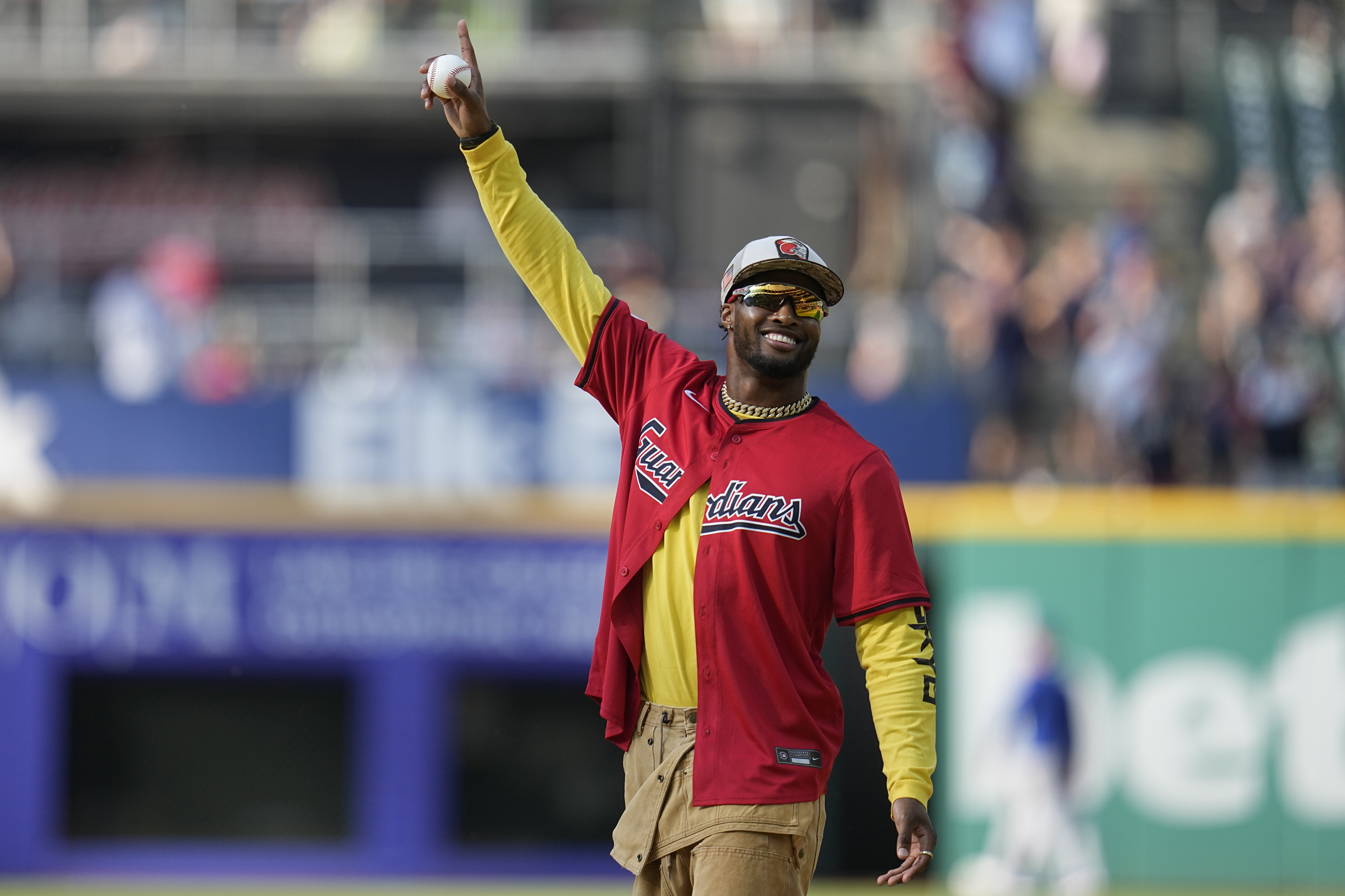 Ward before throwing a ceremonial first pitch at Progressive Field in 2024