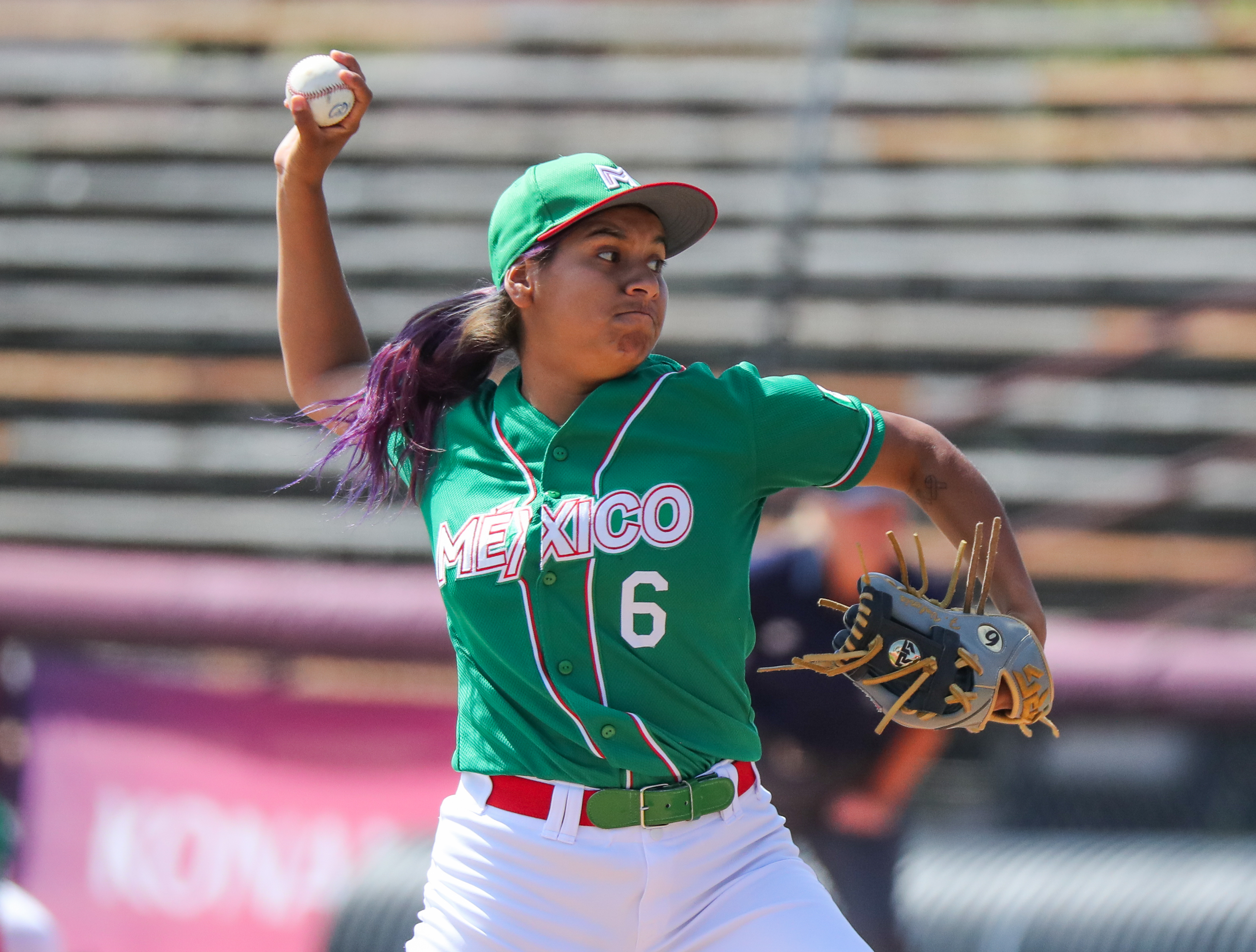 Flor Valerio pitches against the USA. Photo courtesy WBSC.