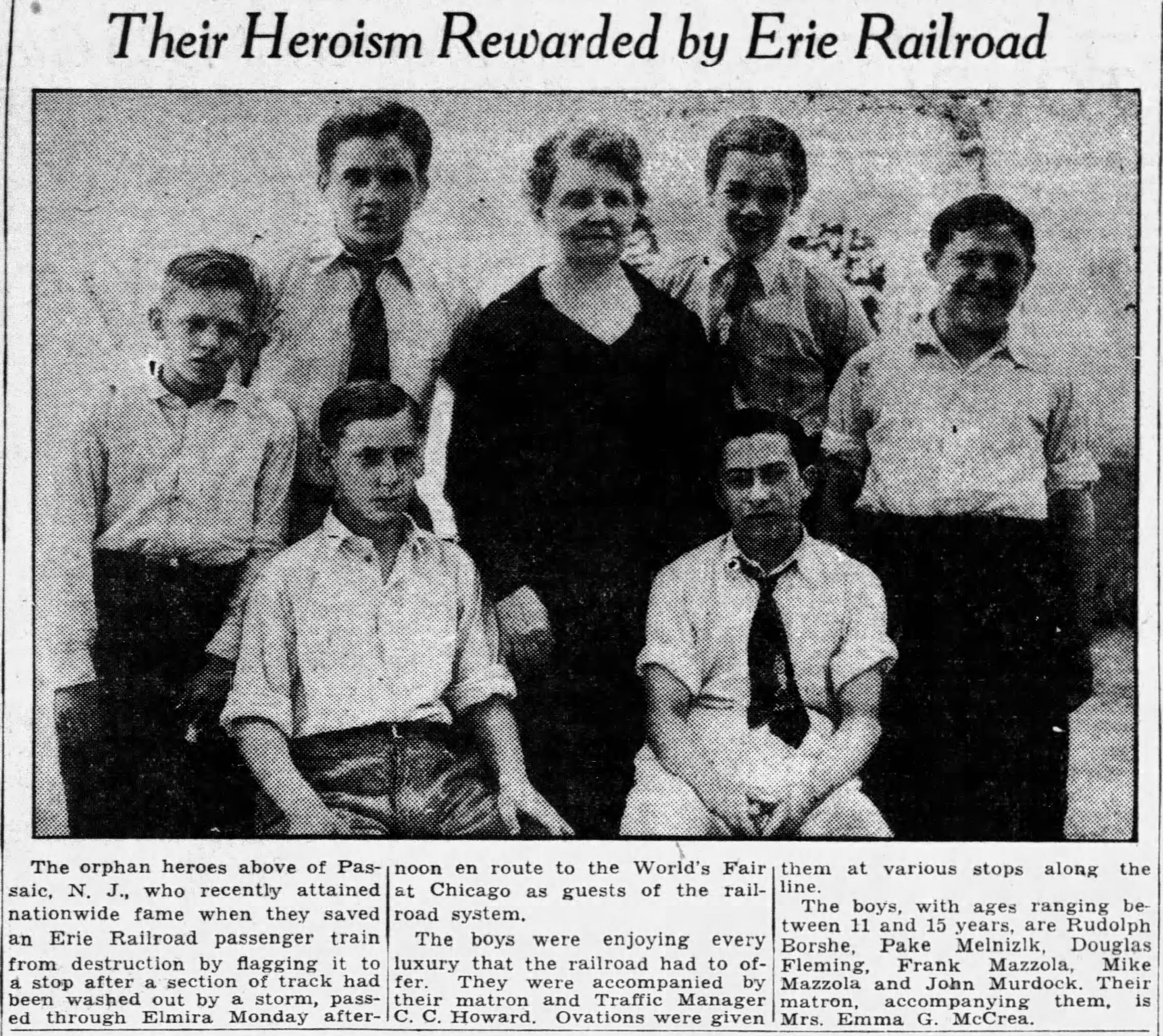 Mrs. McCrea poses with the six boys before departing for the 1933 World's Fair in Chicago. Three of the boys, including the one sitting on the right, appear to be wearing the tie with Babe Ruth's image on it.