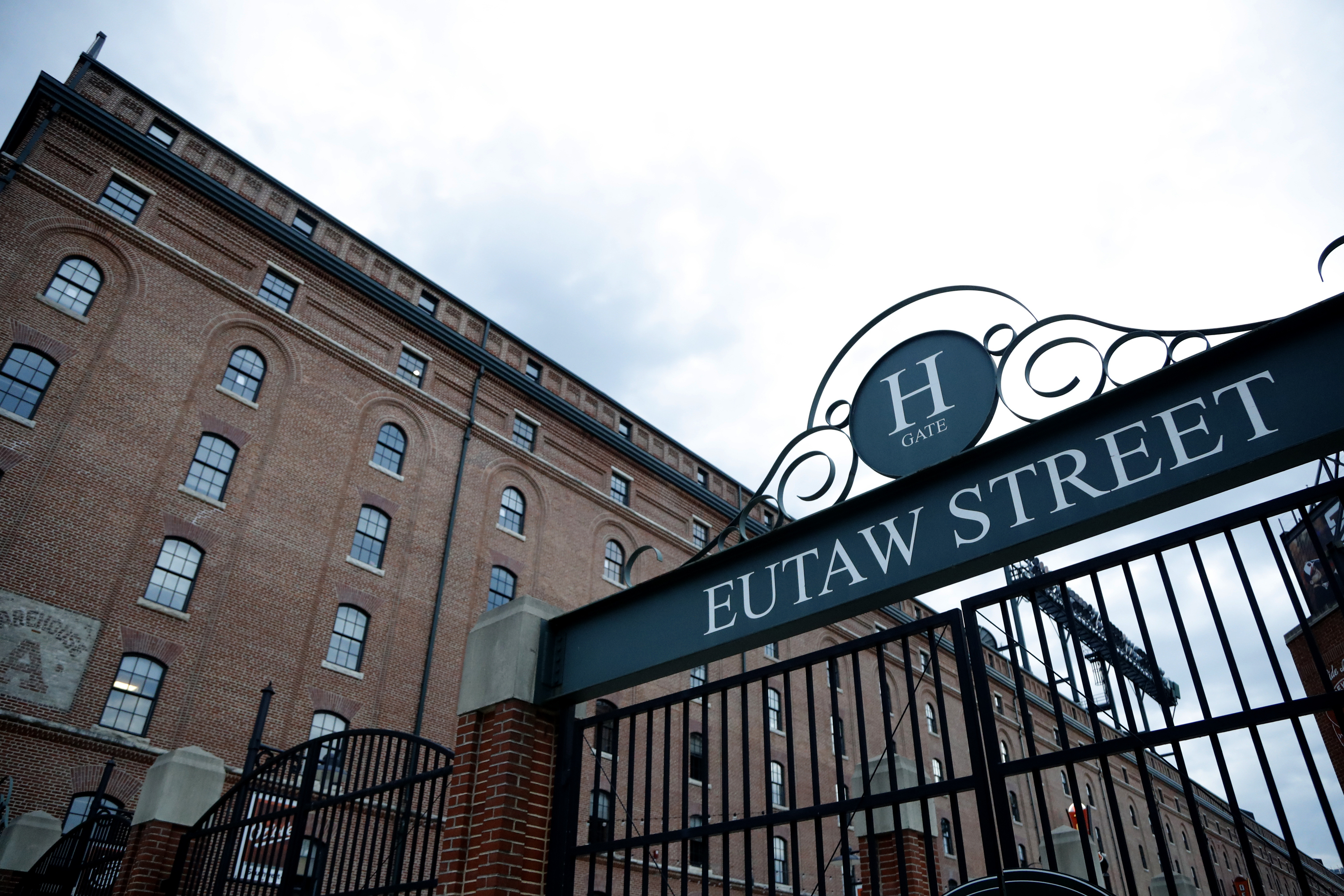 The entrance to Eutaw Street, with the warehouse in the background (AP Images)
