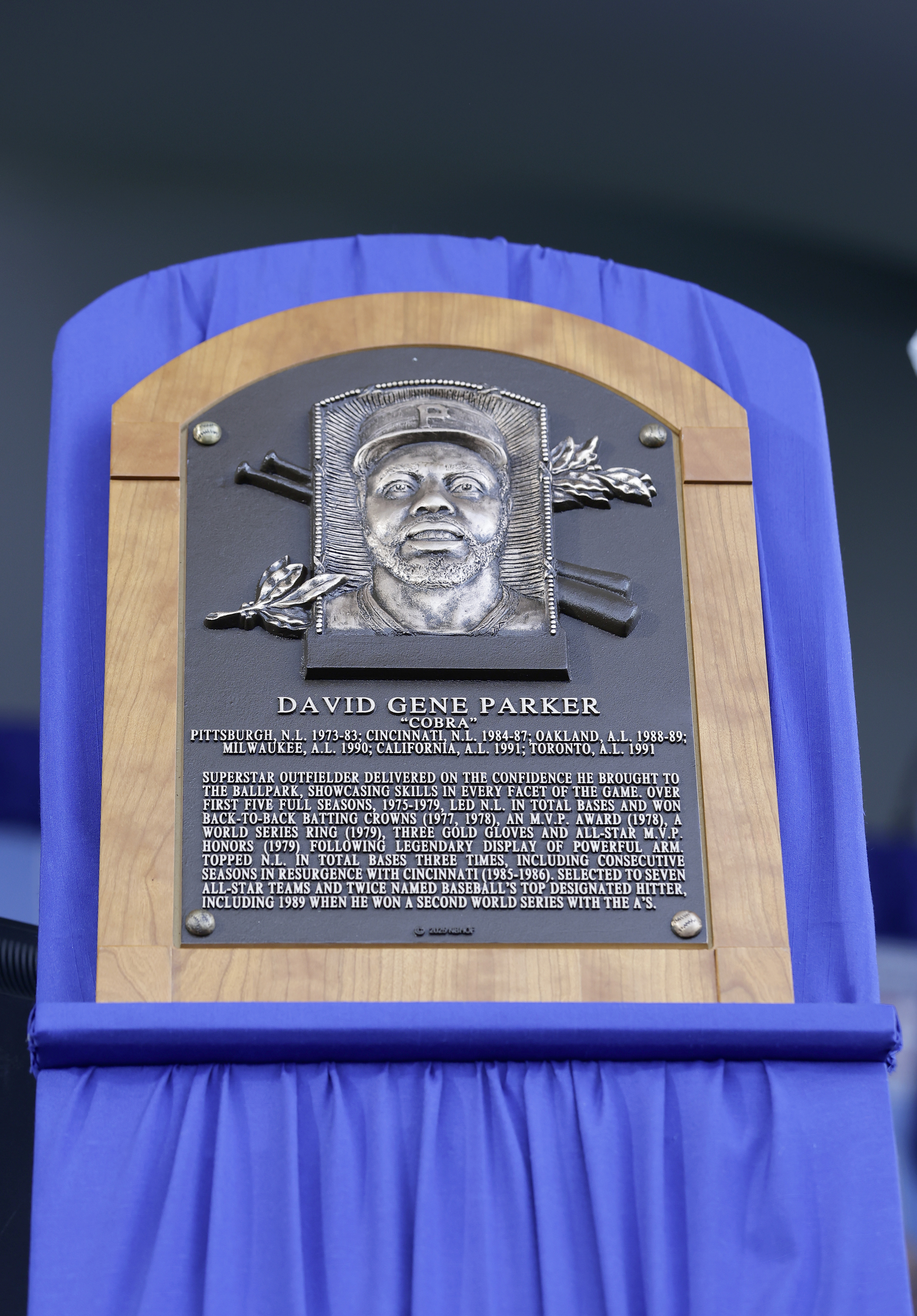 Dave Parker's Hall of Fame plaque at his 2025 induction ceremony